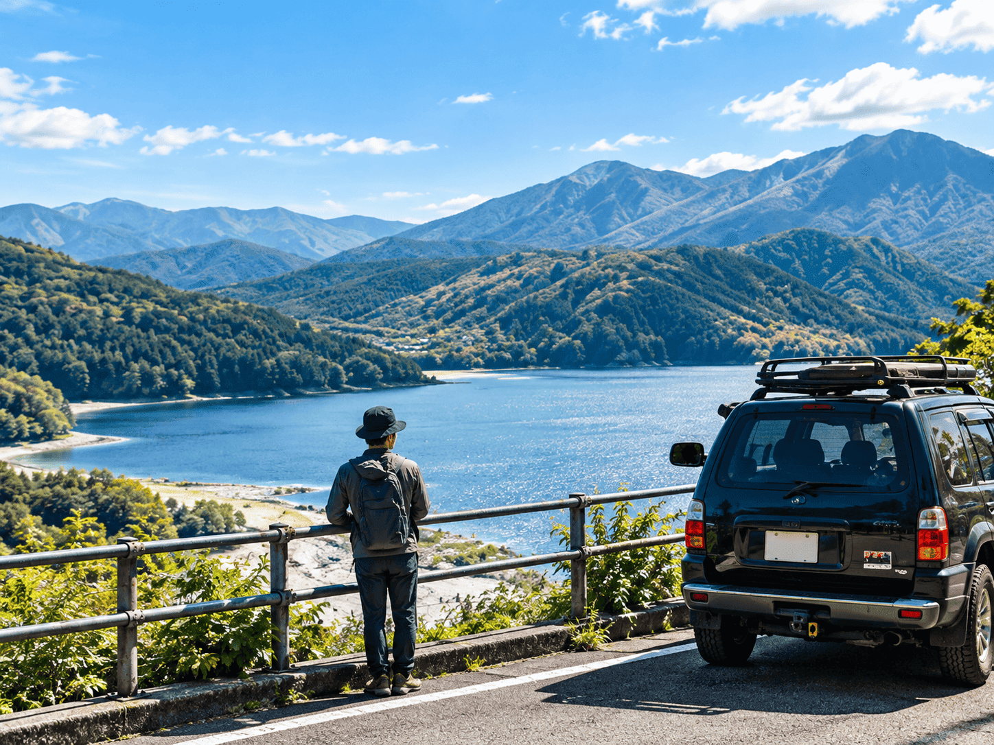 山に囲まれた湖を望む展望所に停めた車と旅人